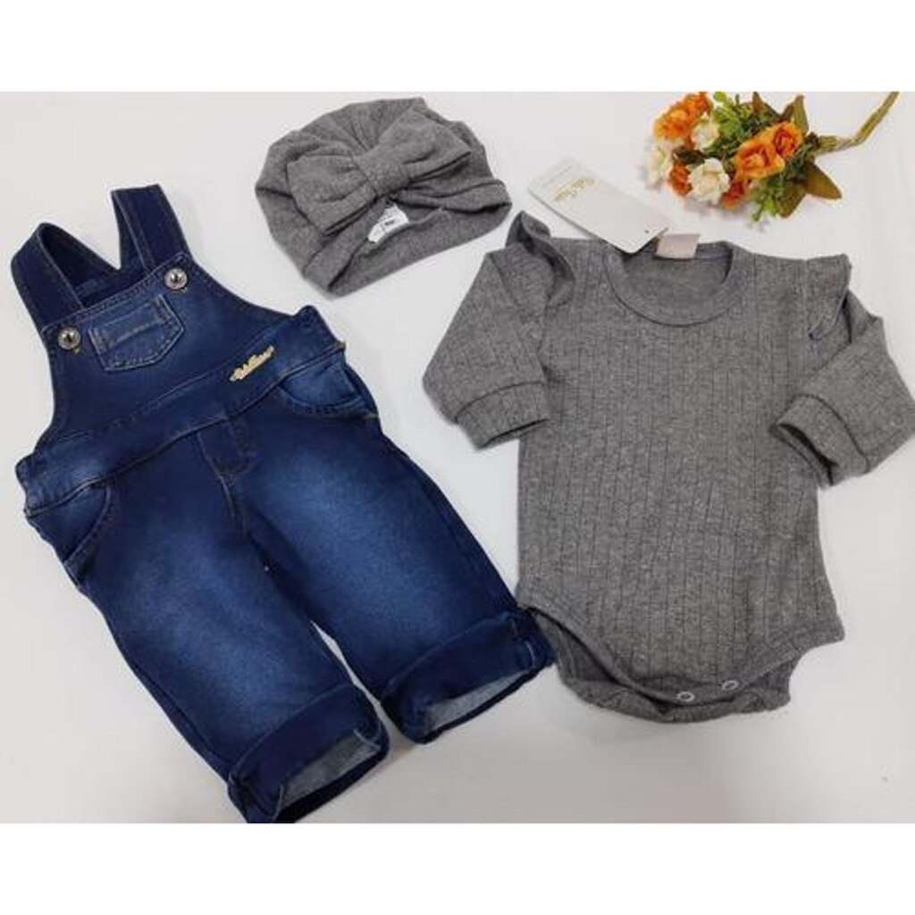Kit Jardineira +  Body + Touca Bebe Menina Longo Jeans 254 - Preto - RN