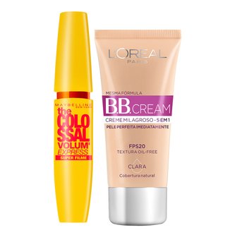 Kit Máscara Maybelline Colossal Super Filme + BB Cream L'Oreál Paris Clara