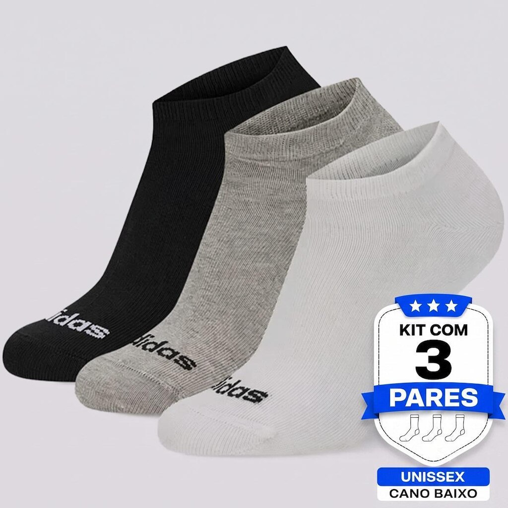 Kit Meia Adidas Cano Baixo 3 Pares Cinza Branca e Preta
