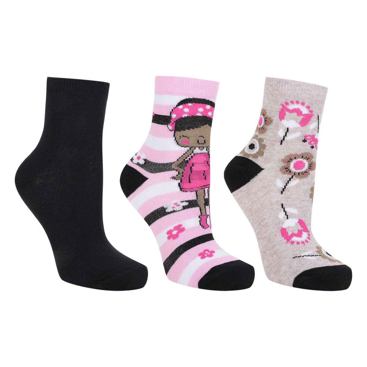 Kit Meia Soquete Infantil Cia da Meia Estampada Menina 3 Pares - Rosa+Preto Menor preço em Kit Meia Soquete Infantil Cia da Meia Estampada Menina 3 Pares - Rosa+Preto