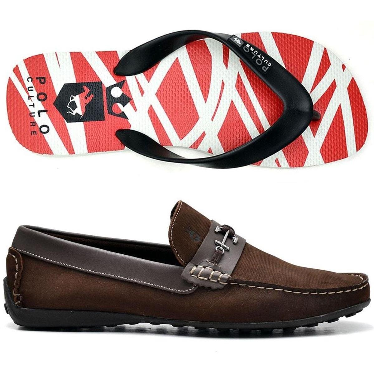 Kit Mocassim Masculino Detalhes + Chinelo Polo Culture - Marrom+Vermelho |  Zattini
