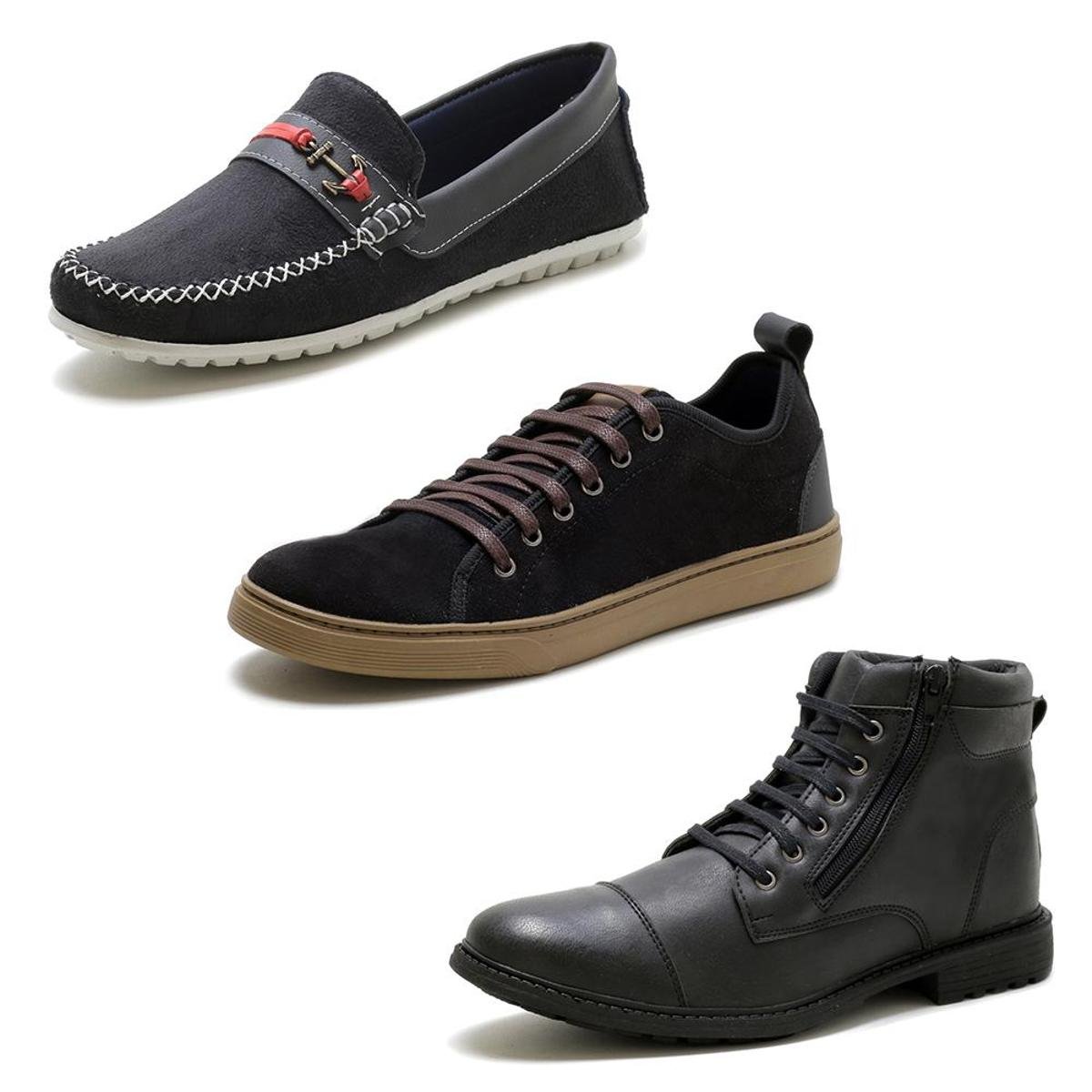 Kit Mocassim + Sapatênis + Bota Masculino - Preto | Zattini