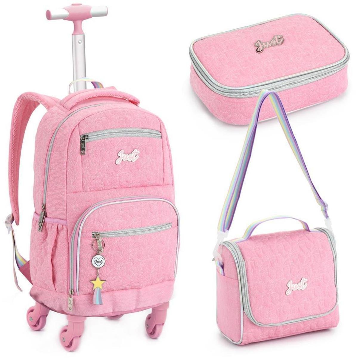 Kit Mochila 4 Rodinhas 360 Lancheira Estojo Box Juvenil Infantil Escolar Feminina Matelassê Menor preço em Kit Mochila 4 Rodinhas 360 Lancheira Estojo Box Juvenil Infantil Escolar Feminina Matelassê