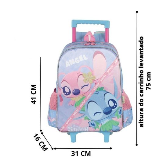 Kit Mochila alça nas costas infantil com Rodinha com Lancheira Térmica Lillo Stitch