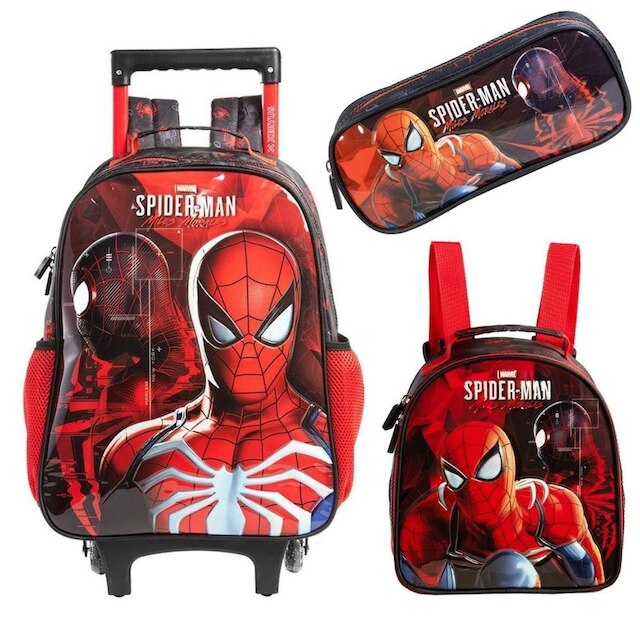 Kit Mochila Com Carrinho com Lancheira e Estojo Homem Aranha