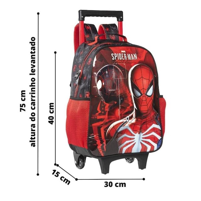 Kit Mochila Com Carrinho com Lancheira e Estojo Homem Aranha