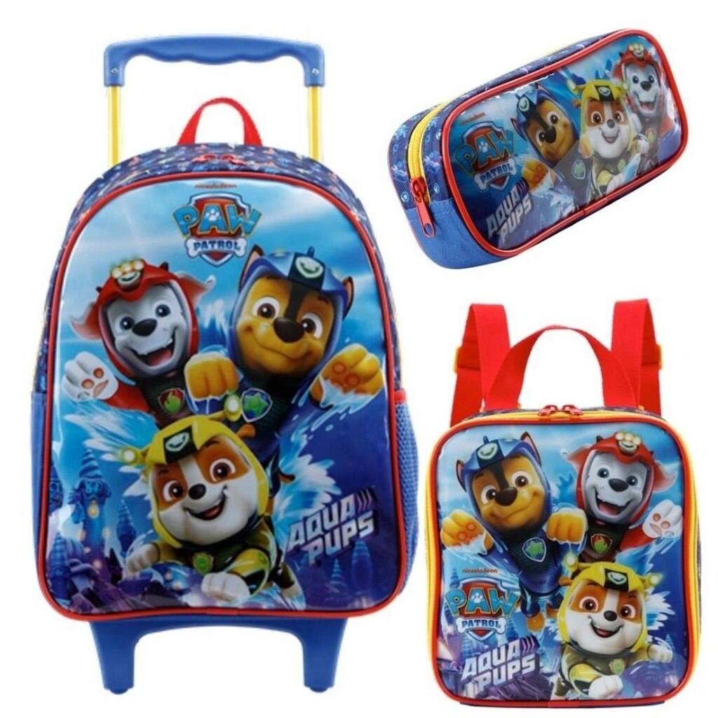 Kit Mochila Com Carrinho  Rodas + Lancheira + Estojo