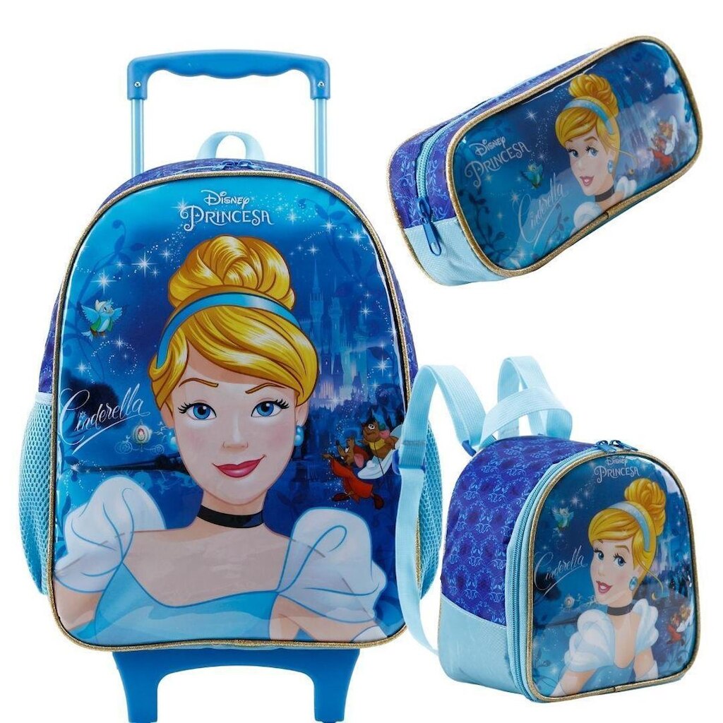 Kit Mochila Com Rodas Lancheira e Estojo Cinderela Disney