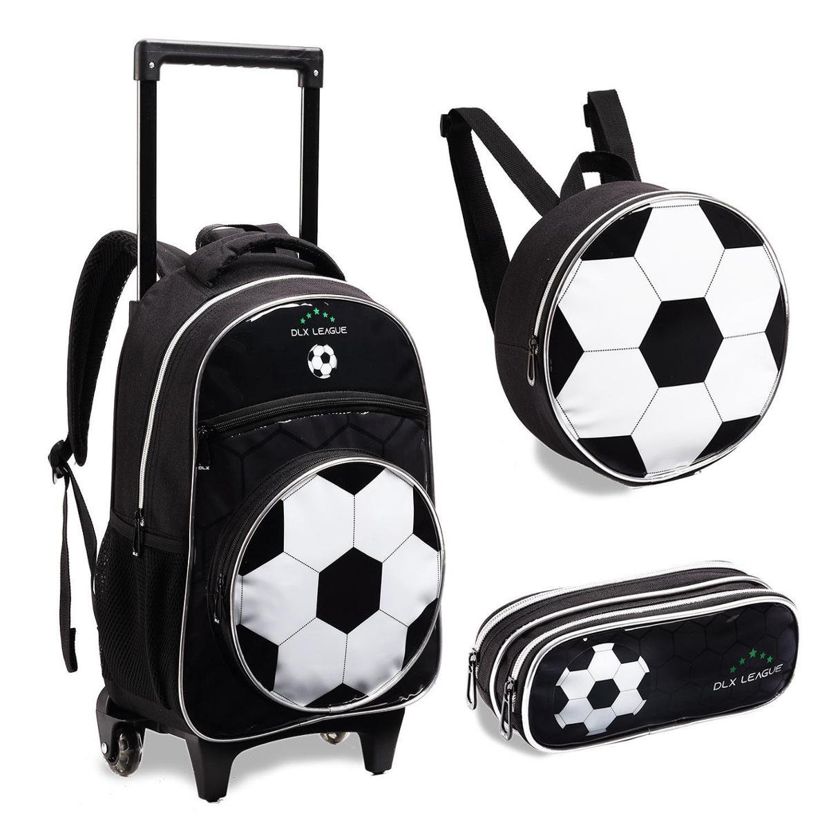 Kit Mochila Com Rodinhas Escolar Infantil Menino Bola Futebol - Preto ...