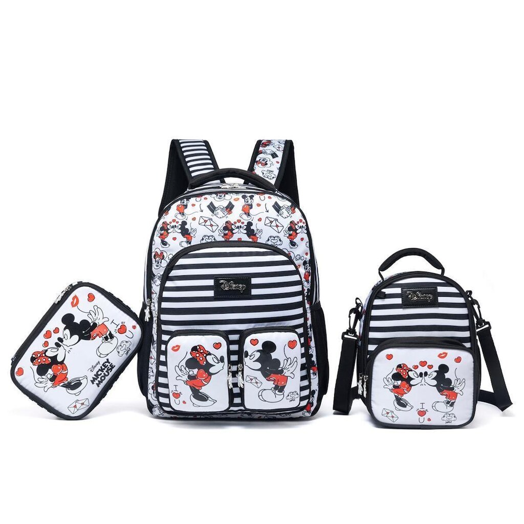 Kit Mochila de Costas Minnie Mickey Lancheira Estojo Escolar
