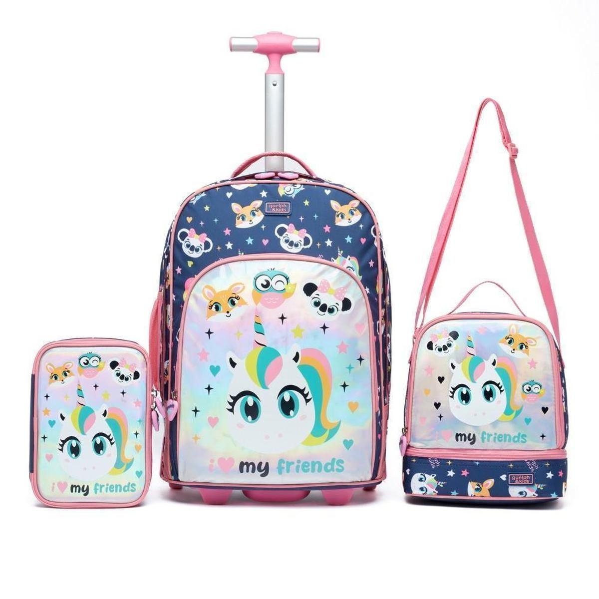 Kit Mochila de Rodinha Guelph Escolar Feminino Infantil Unicórnio Estojo Lancheira Térmica Menor preço em Kit Mochila de Rodinha Guelph Escolar Feminino Infantil Unicórnio Estojo Lancheira Térmica