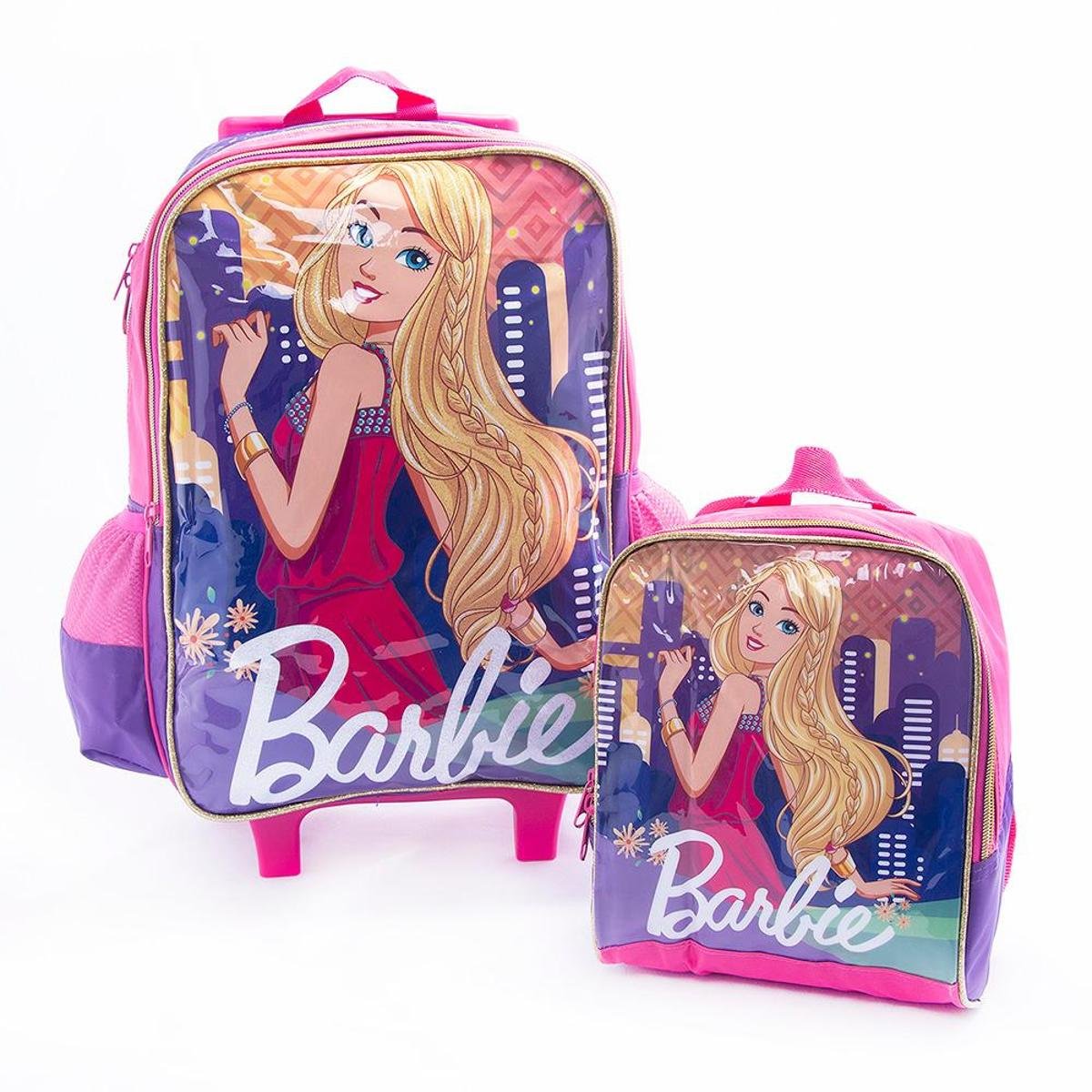 Kit Mochila de rodinha Infantil + Lancheira Original Barbie Feminina - Pink+Roxo Menor preço em Kit Mochila de rodinha Infantil + Lancheira Original Barbie Feminina - Pink+Roxo