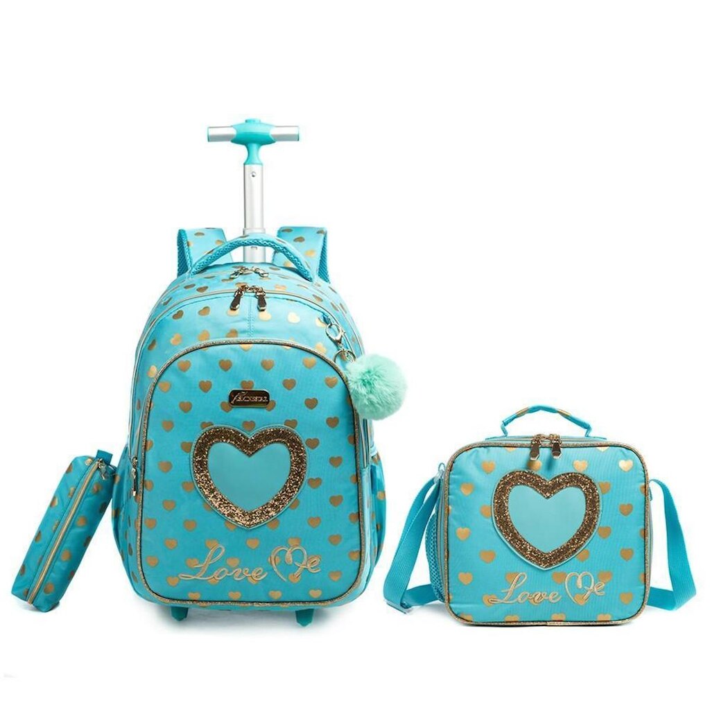 Kit Mochila de Rodinha Menina Juvenil Escolar Lancheira