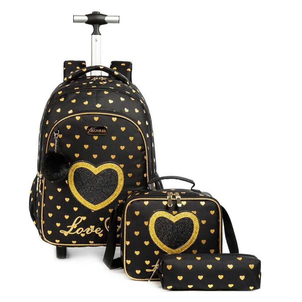 Kit Mochila de Rodinha Menina Juvenil Escolar Lancheira