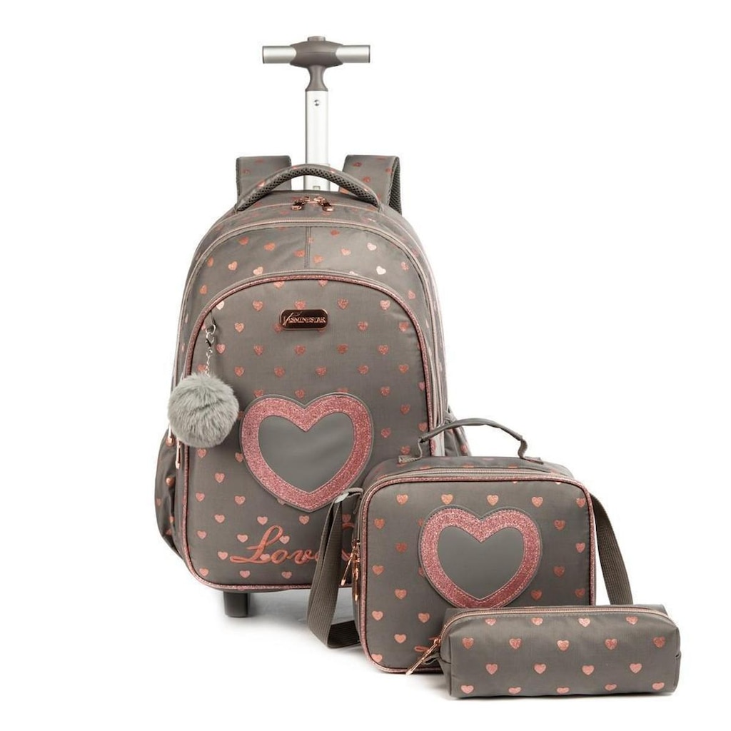 Kit Mochila de Rodinha Menina Juvenil Escolar Lancheira
