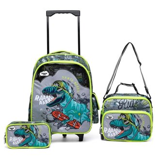 Kit Mochila de Rodinhas Escolar Dino Infantil Coban 18 Litros Lancheira Térmica Estojo Resistente
