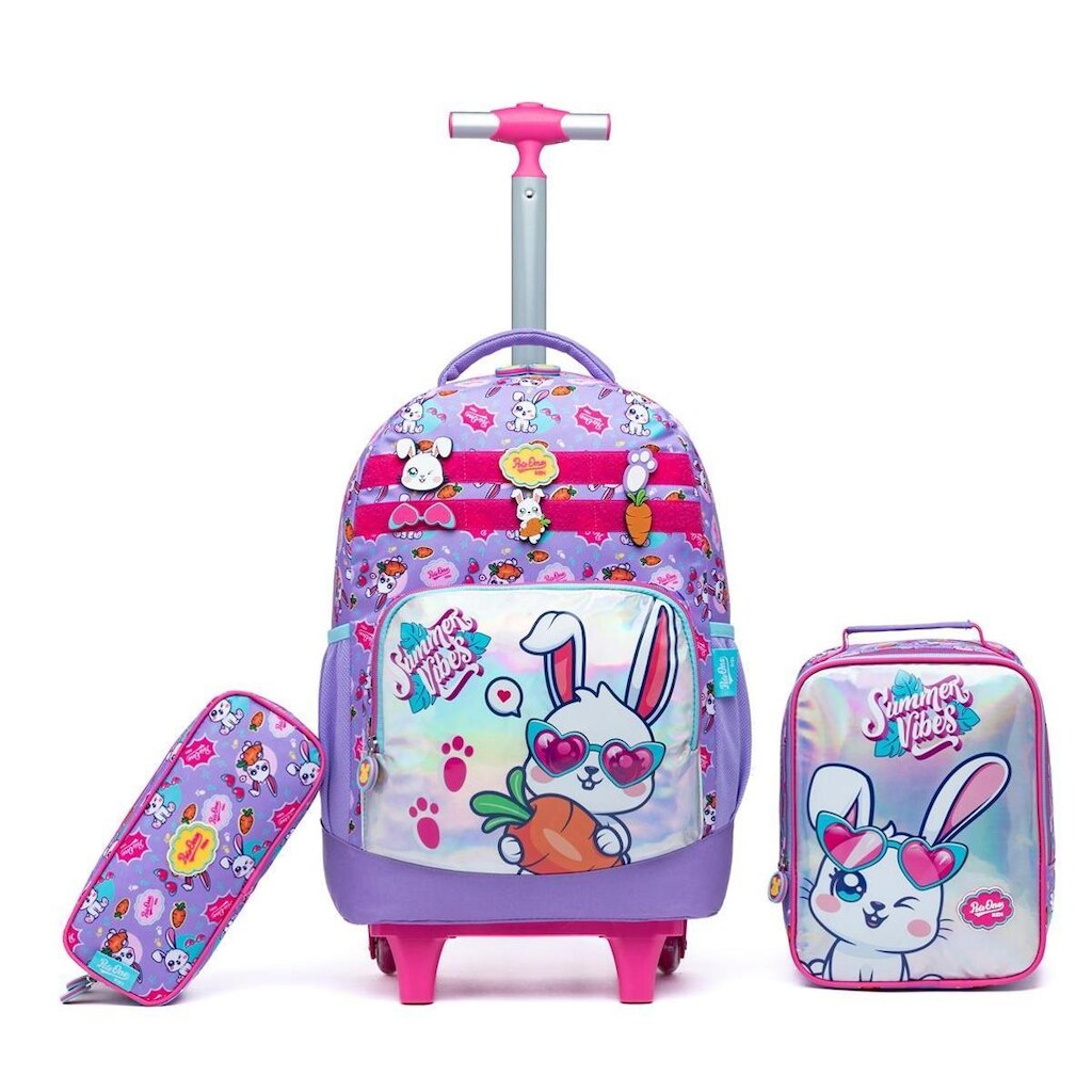 Kit Mochila de Rodinhas Escolar Lancheira Térmica Estojo Duplo