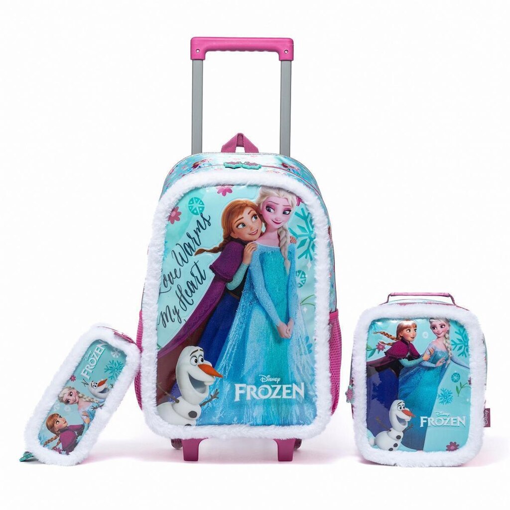 Kit Mochila de Rodinhas Frozen Disney Infantil Feminina Lancheira Estojo Escolar