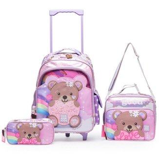 Kit Mochila de Rodinhas Infantil Lancheira Térmica Estojo Escolar 33L