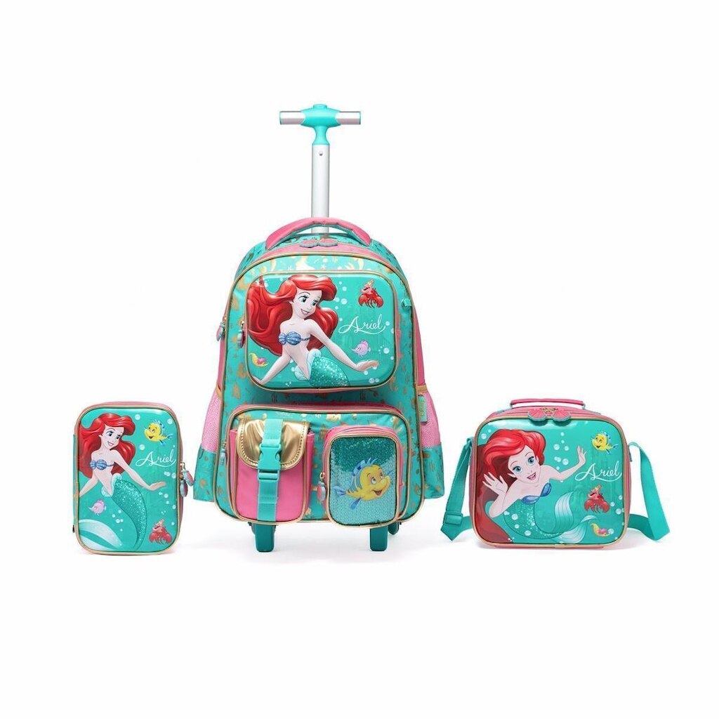 Kit Mochila de Rodinhas Infantil  Pequena Sereia Lancheira  Estojo Escolar Feminino