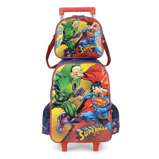 Kit Mochila de Rodinhas Lancheira Luxcel Super Man Azul