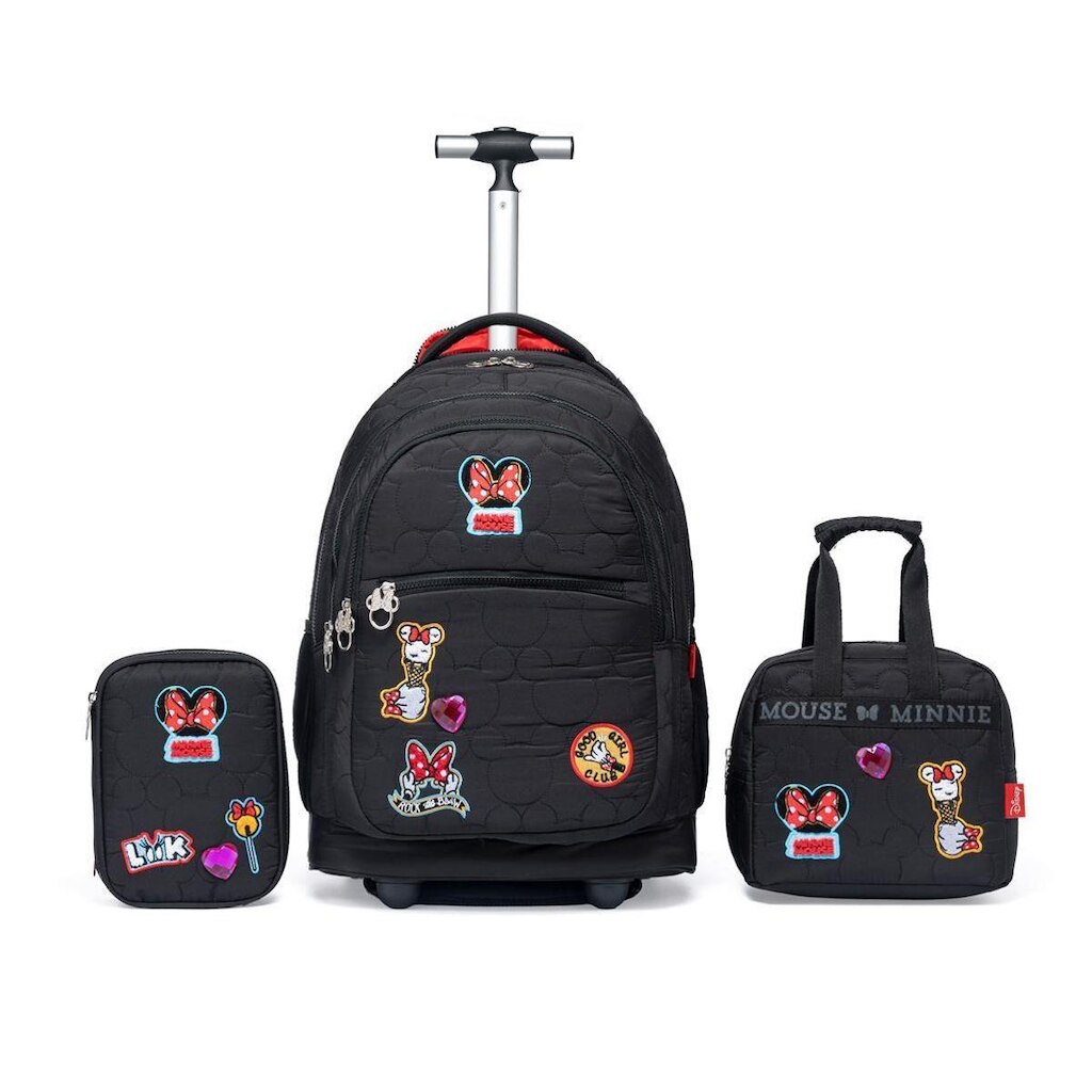 Kit Mochila de Rodinhas Minnie Mouse Disney Infantil Lancheira e Estojo
