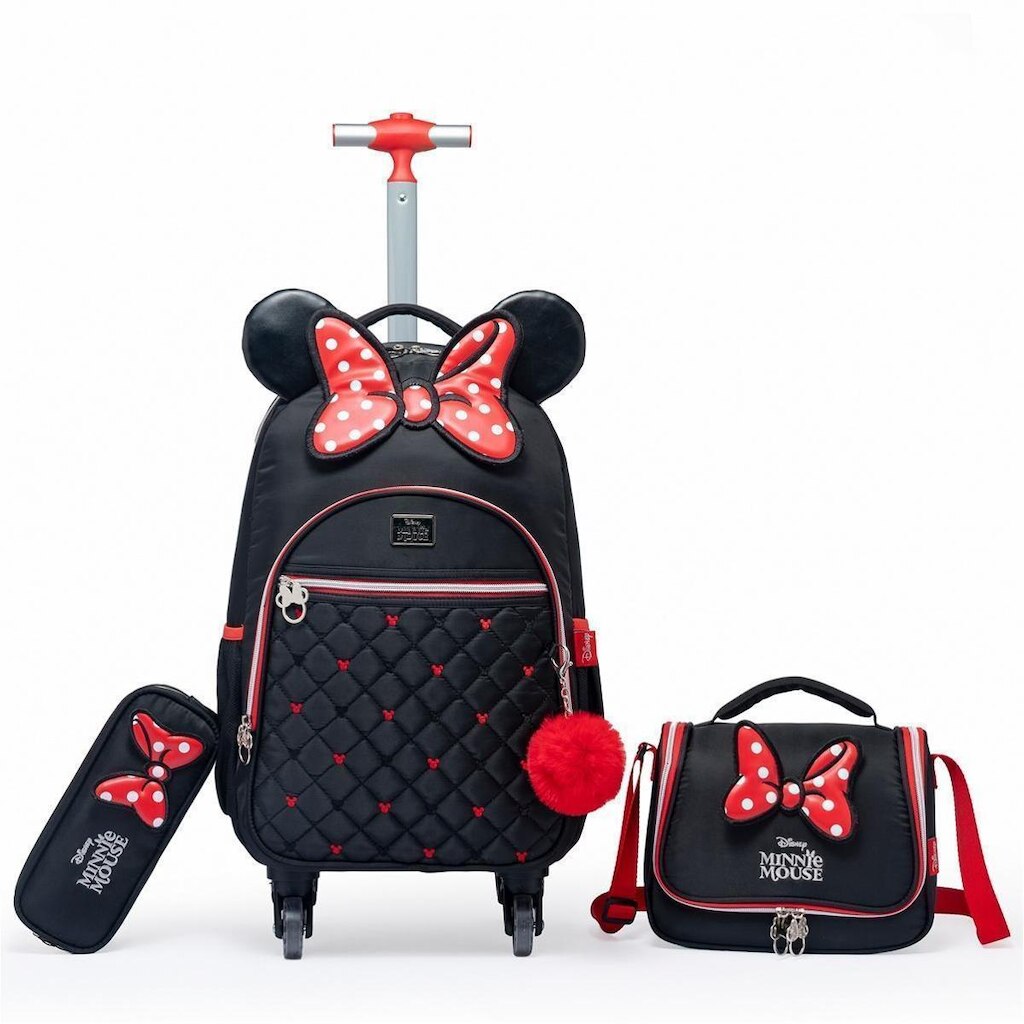Kit Mochila de Rodinhas Minnie Mouse Disney Infantil Lancheira Estojo