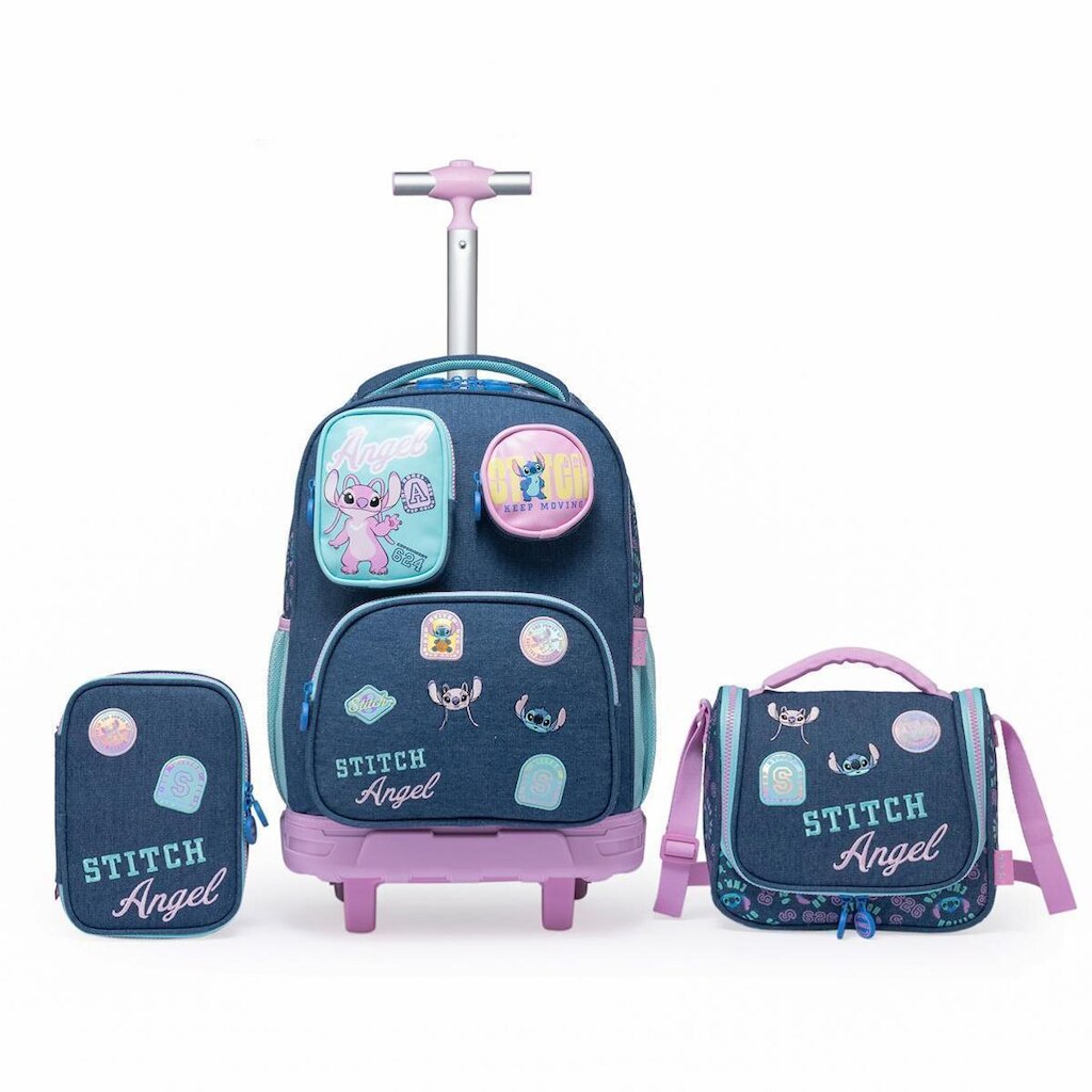Kit Mochila de Rodinhas Stitch Infantil Escolar Lancheira e Estojo Feminina