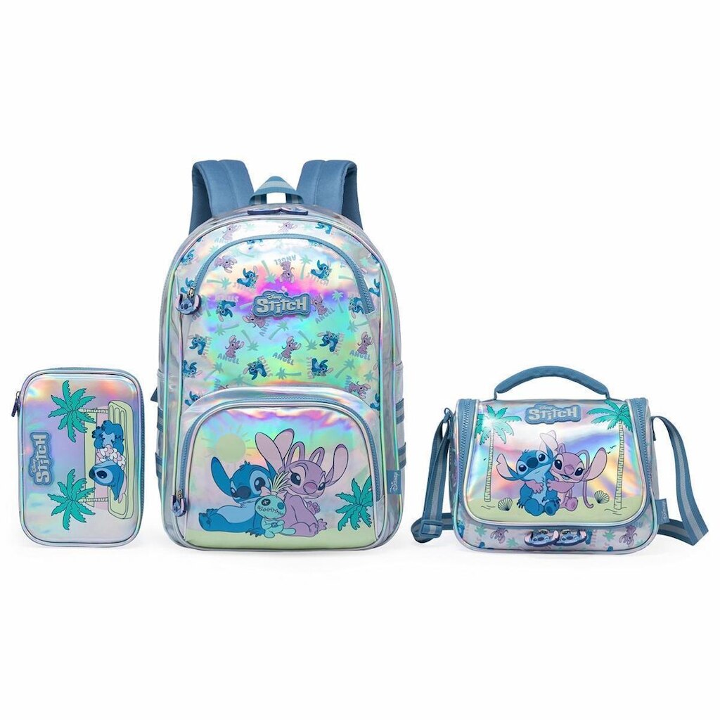 Kit Mochila Disney Lancheira Estojo Escolar Stitch Infantil