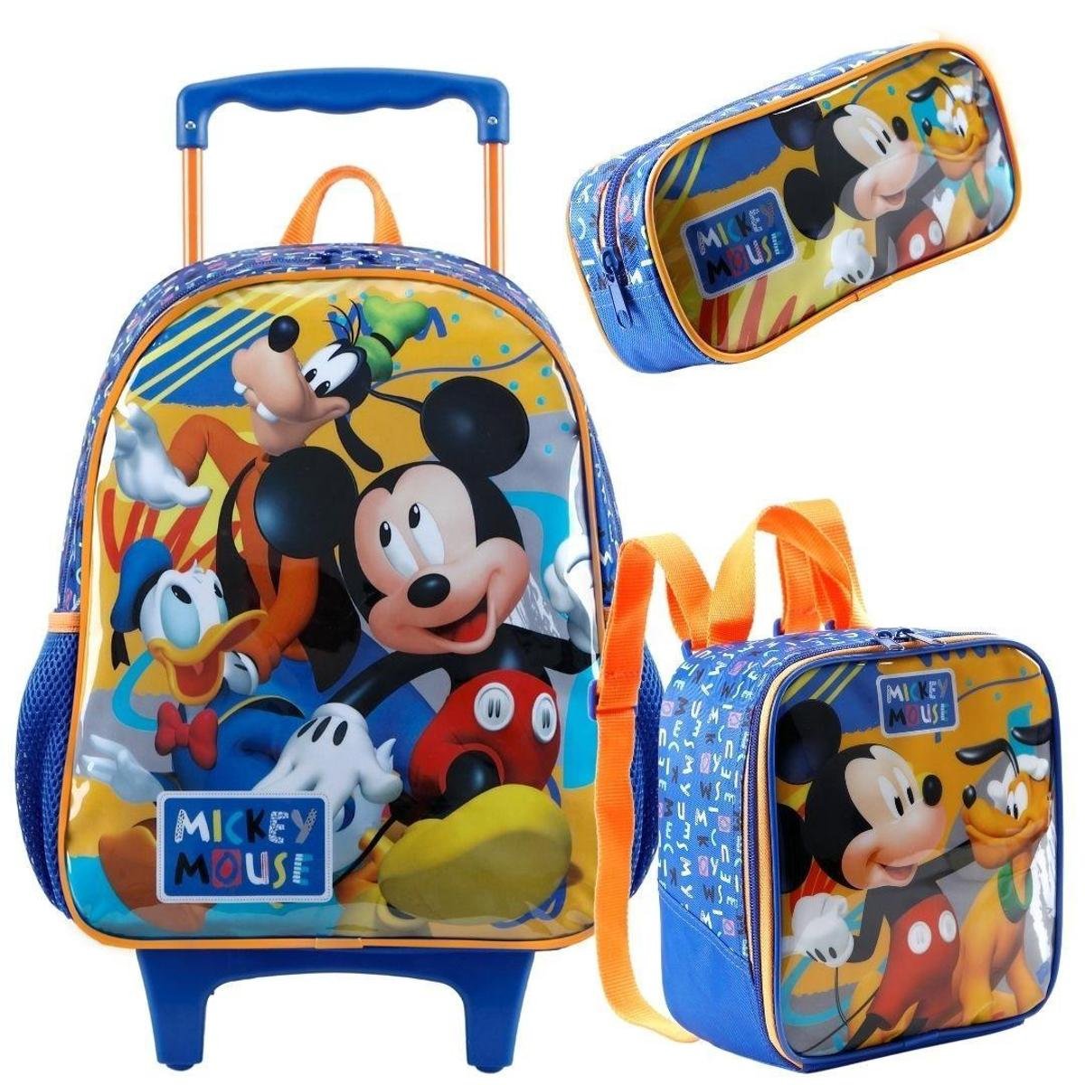 Kit Mochila Escolar Com Rodinhas Lancheira e estojo Mickey Disney