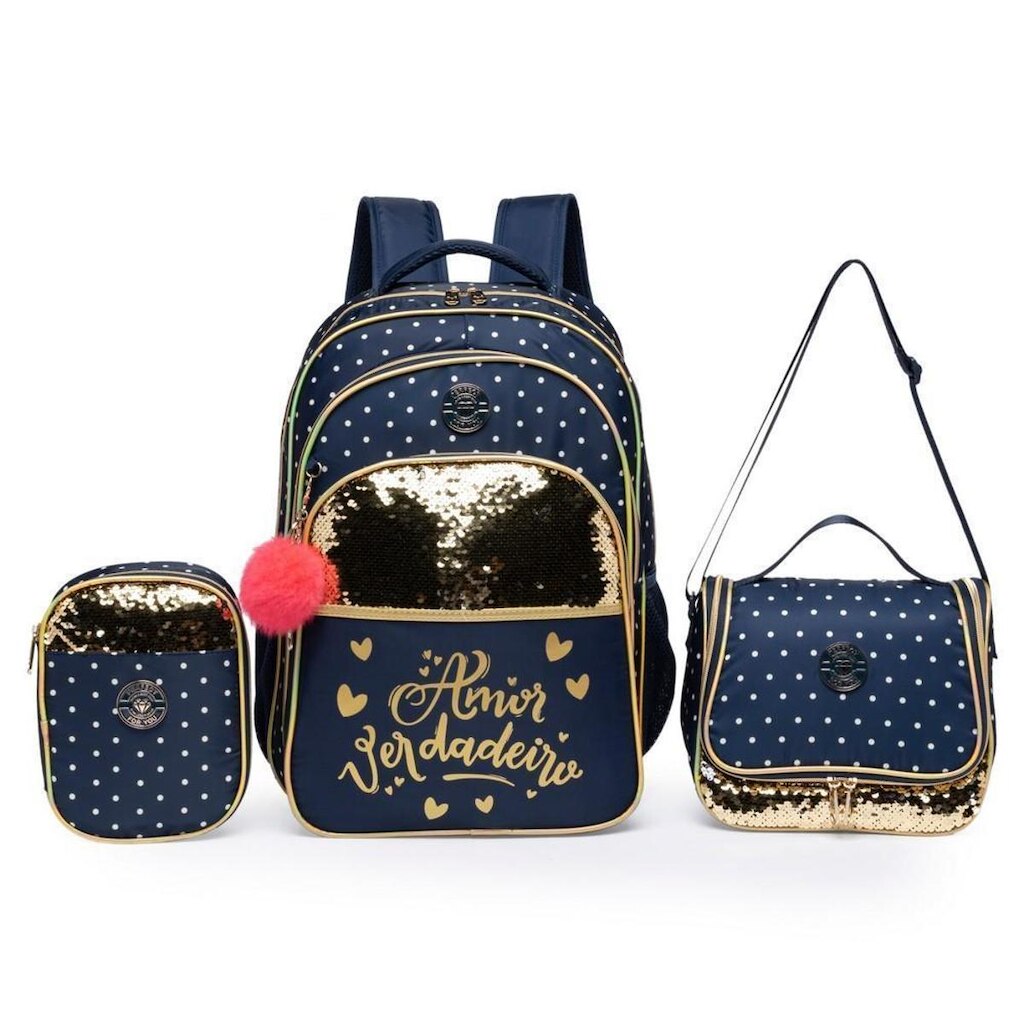 Kit Mochila Escolar Feminino Lancheira + Estojo Infantil Resistente 20 Litros