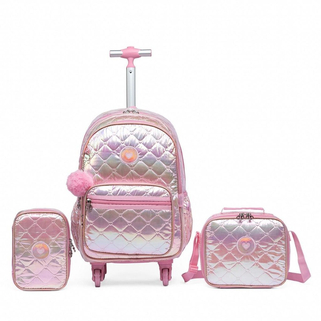 Kit Mochila Feminina Juvenil Holográfica Escolar Estojo 37 Litros Lancheira Térmica