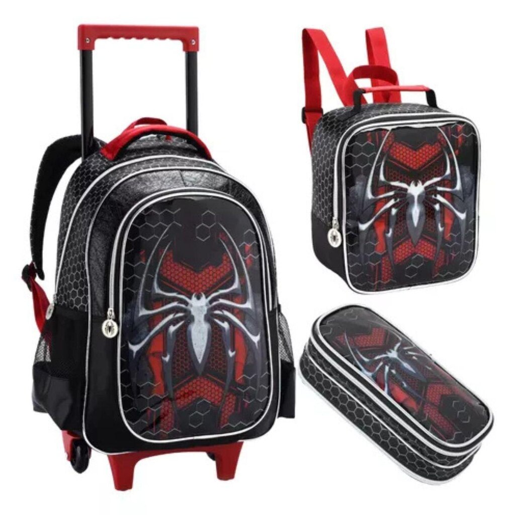 Kit Mochila Homem Aranha Rodinha Lancheira Estojo Spider Black Escolar Infantil Denlex