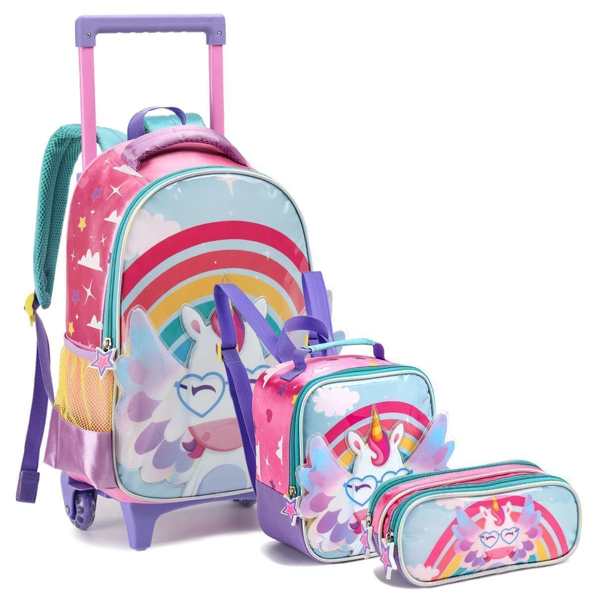 Kit Mochila Infantil Unicórnio Feminina Escolar com Rodinhas Carrinho ...