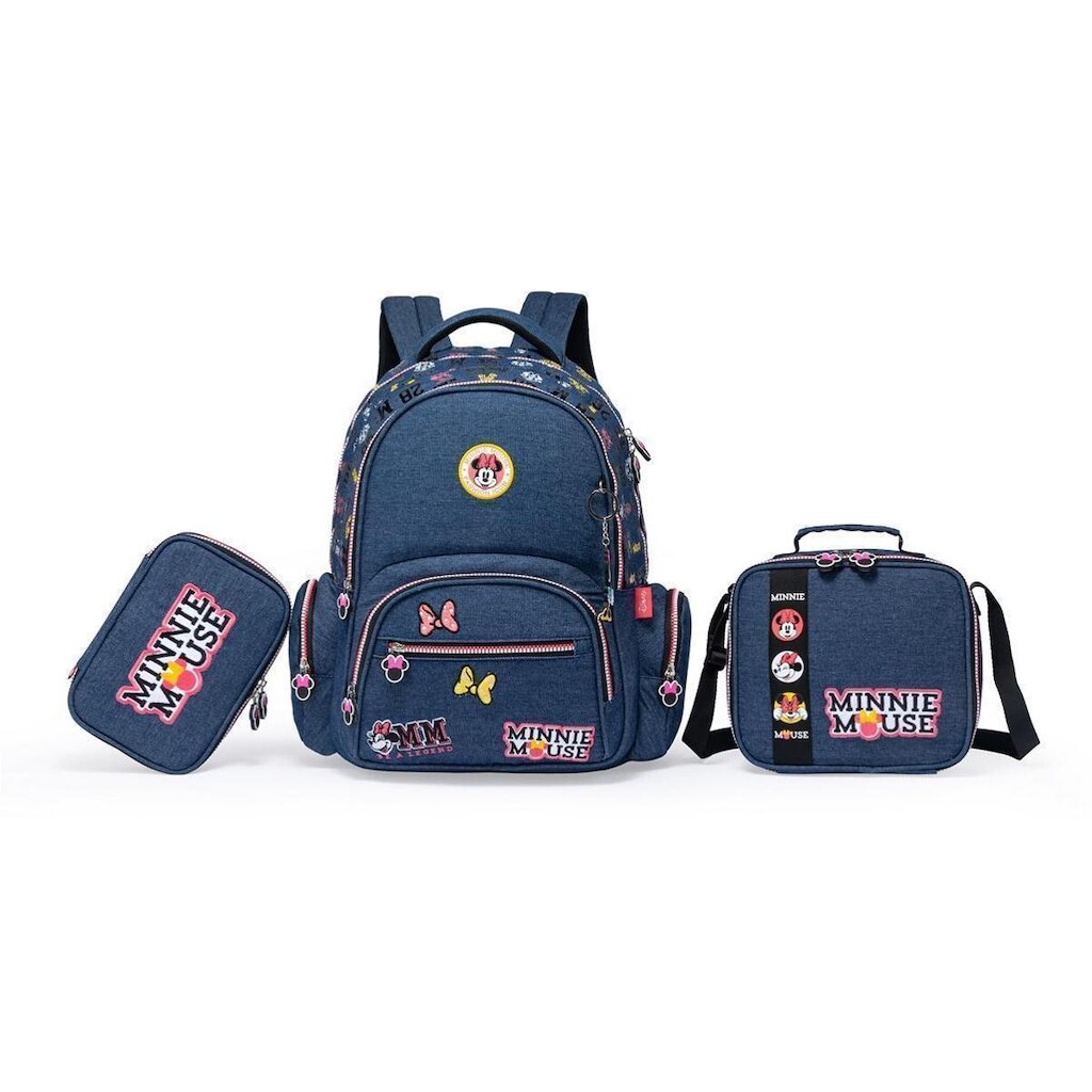 Kit Mochila Lancheira Estojo Jeans Minnie Infantil Escolar Rodinha Disney Feminina