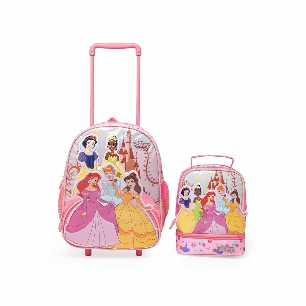 Kit Mochila Lancheira Princesas Infantil Feminina Escolar Rodinha Disney Feminina