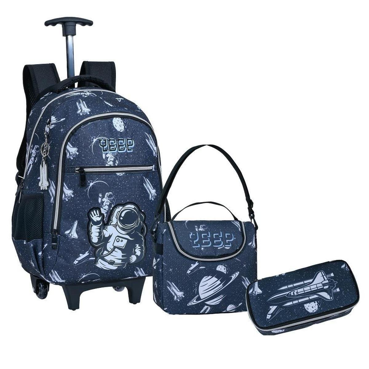 Kit Mochila Malinha Carrinho Rodinha com Lancheira + Estojo - Cinza Menor preço em Kit Mochila Malinha Carrinho Rodinha com Lancheira + Estojo - Cinza