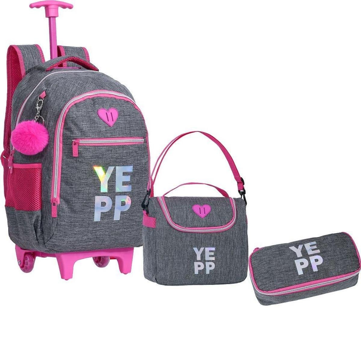 Kit Mochila Malinha Carrinho Rodinha com Lancheira + Estojo - Rosa Menor preço em Kit Mochila Malinha Carrinho Rodinha com Lancheira + Estojo - Rosa