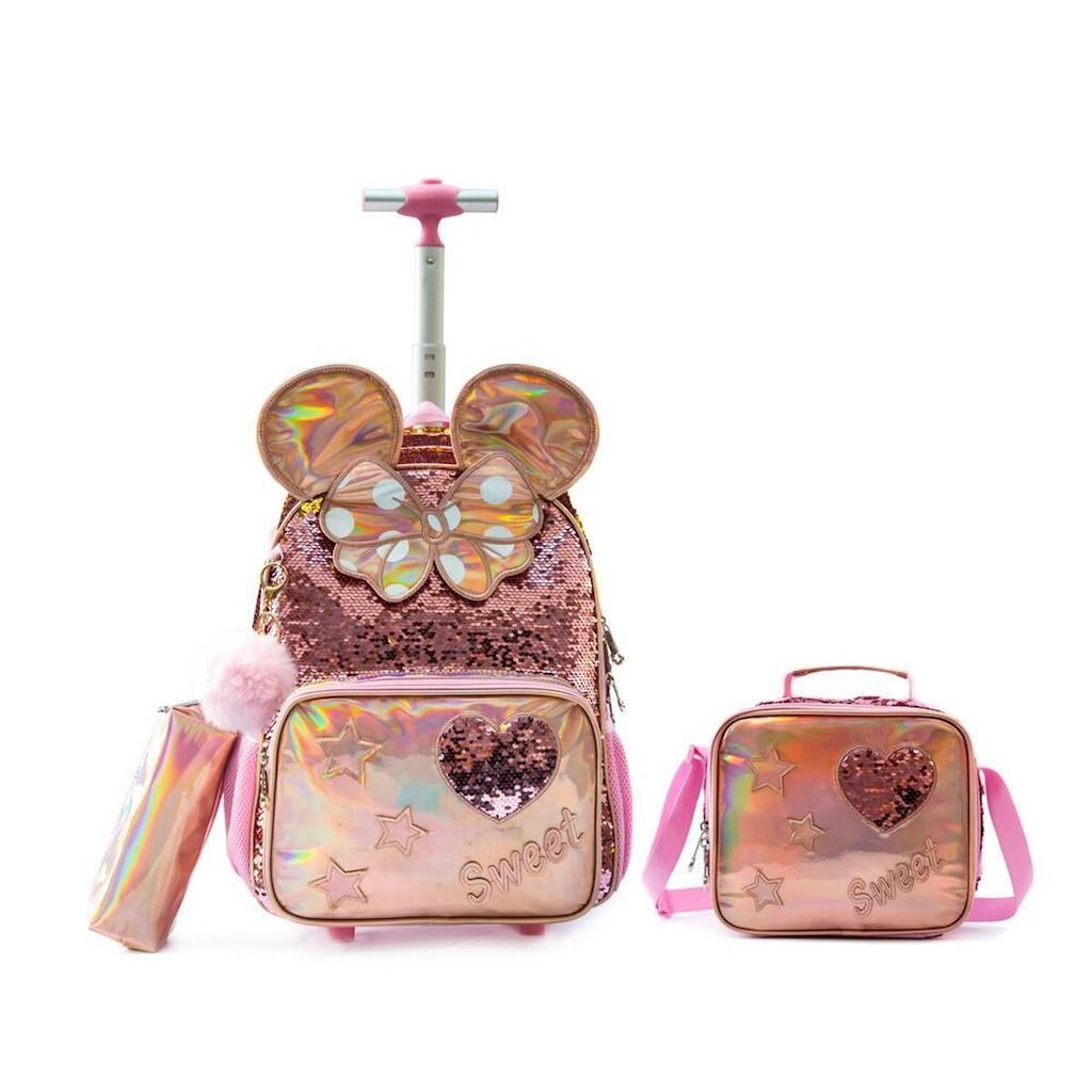 Kit Mochila Menina de Rodinha Infantil Estojo Lancheira Termica