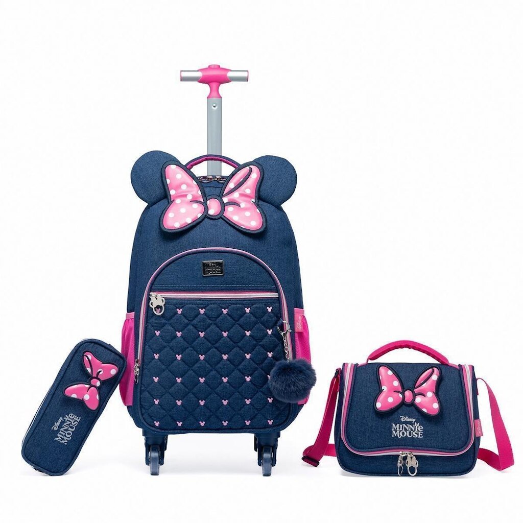 Kit Mochila Minnie Mouse Disney Lancheira Estojo Jeans Infantil Feminino