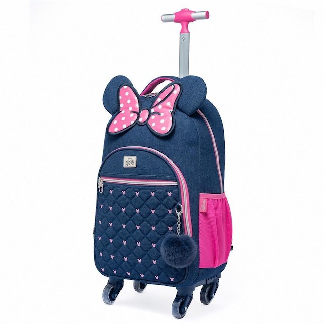 Kit Mochila Minnie Mouse Disney Lancheira Estojo Jeans Infantil Feminino