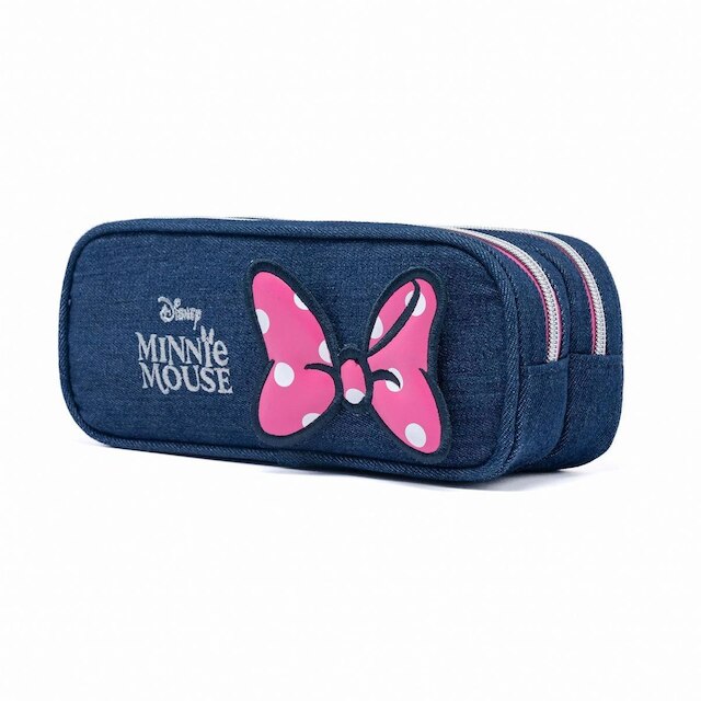 Kit Mochila Minnie Mouse Disney Lancheira Estojo Jeans Infantil Feminino