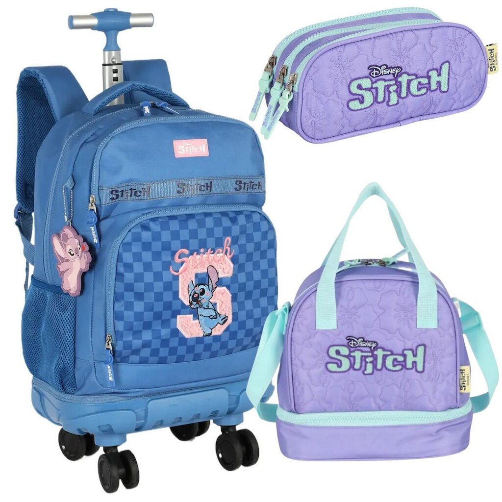 Kit Mochila Rodinha 360 Lancheira Estojo Premium Infantil Stitch Angel Azul Luxcel