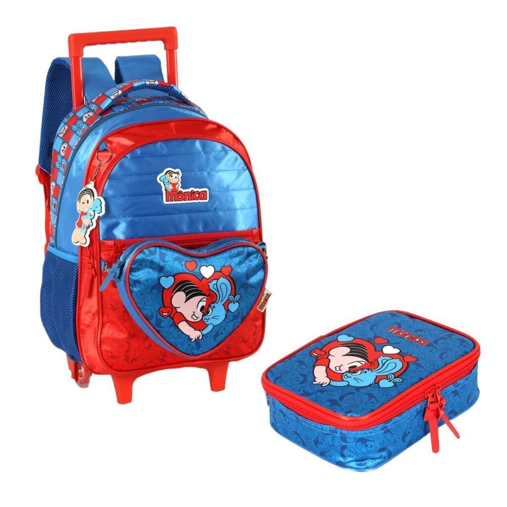 Kit Mochila Rodinha Costas Estojo Infantil Escolar Turma Monica Sansao Luxel