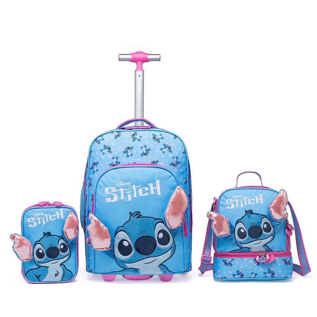 Kit Mochila Rodinha Disney Lancheira Estojo Escolar Stitch Feminina