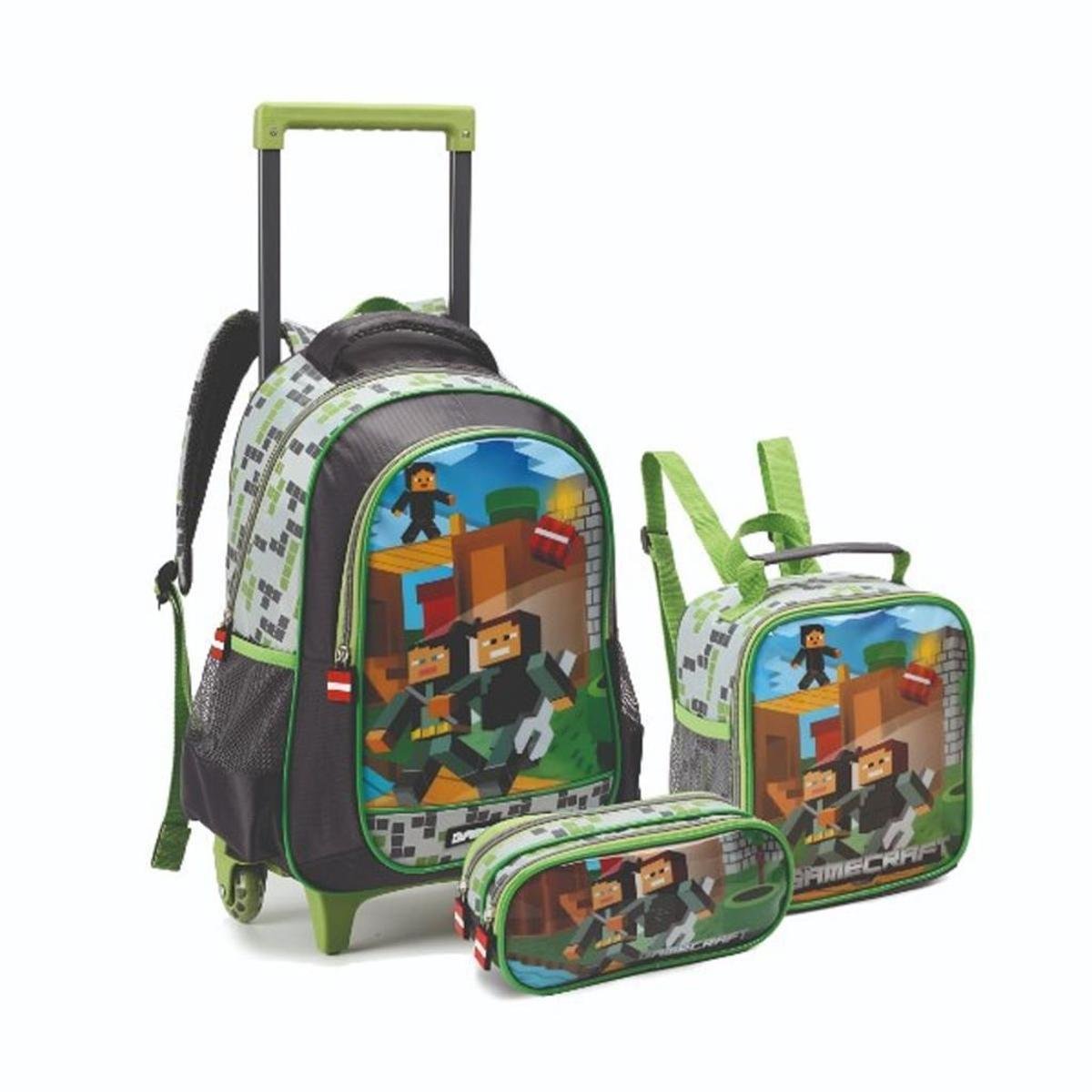 Kit Mochila Rodinha Infantil Escolar Menino Lancheira Estojo Game TNT Aventureiros Minecraft Denlex - Verde é ruim? Kit Mochila Rodinha Infantil Escolar Menino Lancheira Estojo Game TNT Aventureiros Minecraft Denlex - Verde é boa?
