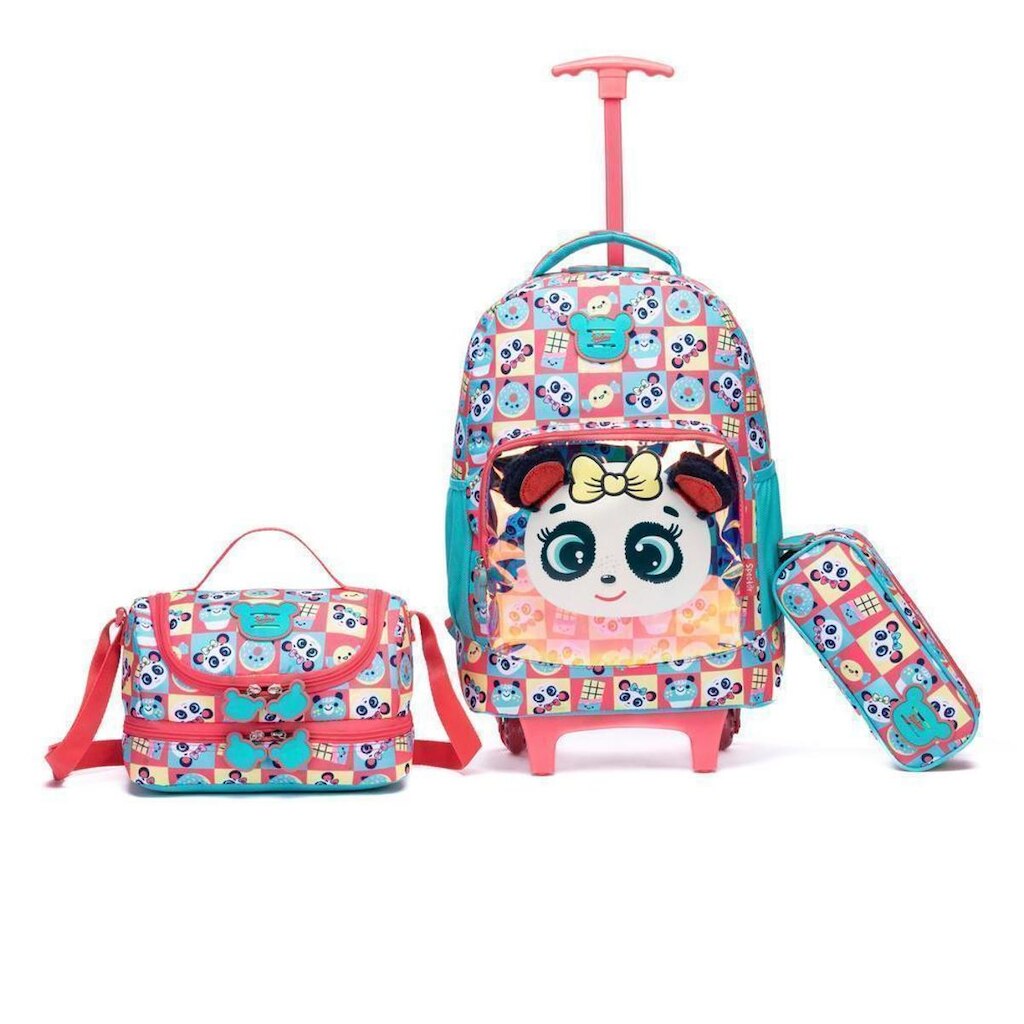 Kit Mochila Rodinha Infantil Lancheira Panda Estojo Escolar 24 Litros