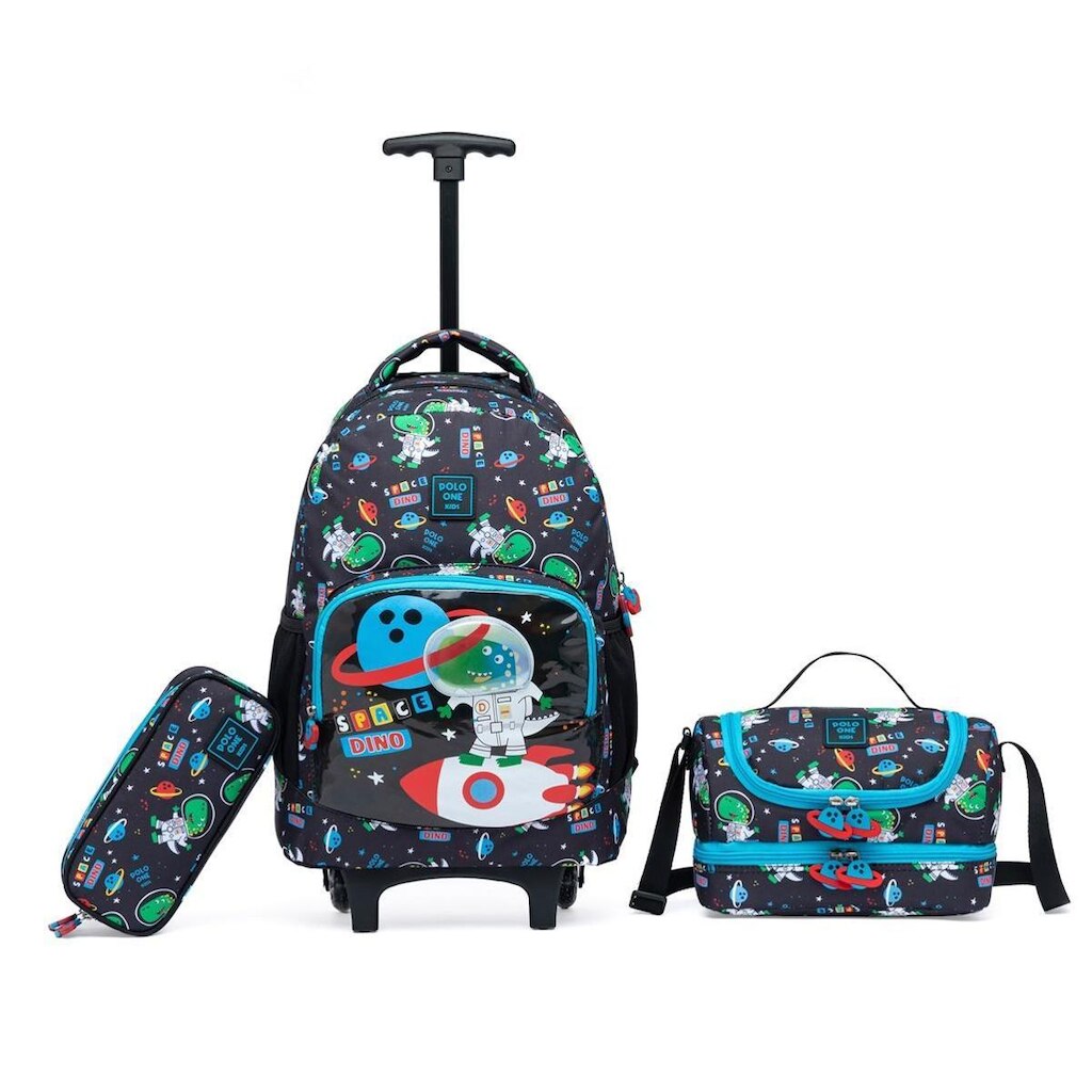 Kit Mochila Rodinha Infantil Menino Dino Space Lancheira Estojo 20 Litros