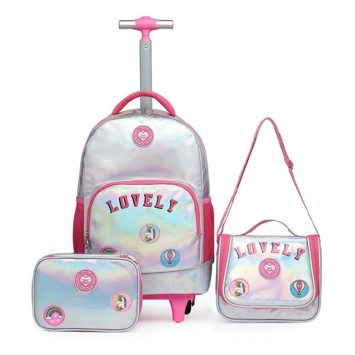 Kit Mochila Rodinha Juvenil Holográfica Lancheira Estojo 100 Pens 30 Litros Menor preço em Kit Mochila Rodinha Juvenil Holográfica Lancheira Estojo 100 Pens 30 Litros