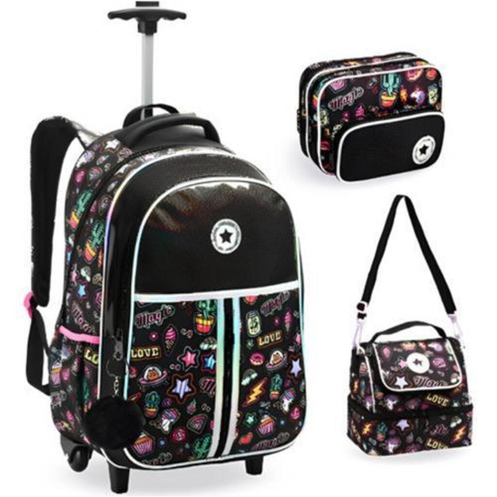 Kit Mochila Rodinha Juvenil Lancheira Estojo Just Love Teen